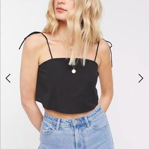 ASOS DESIGN Black Linen Square Neck Cami with Tie Shoulder Size 16